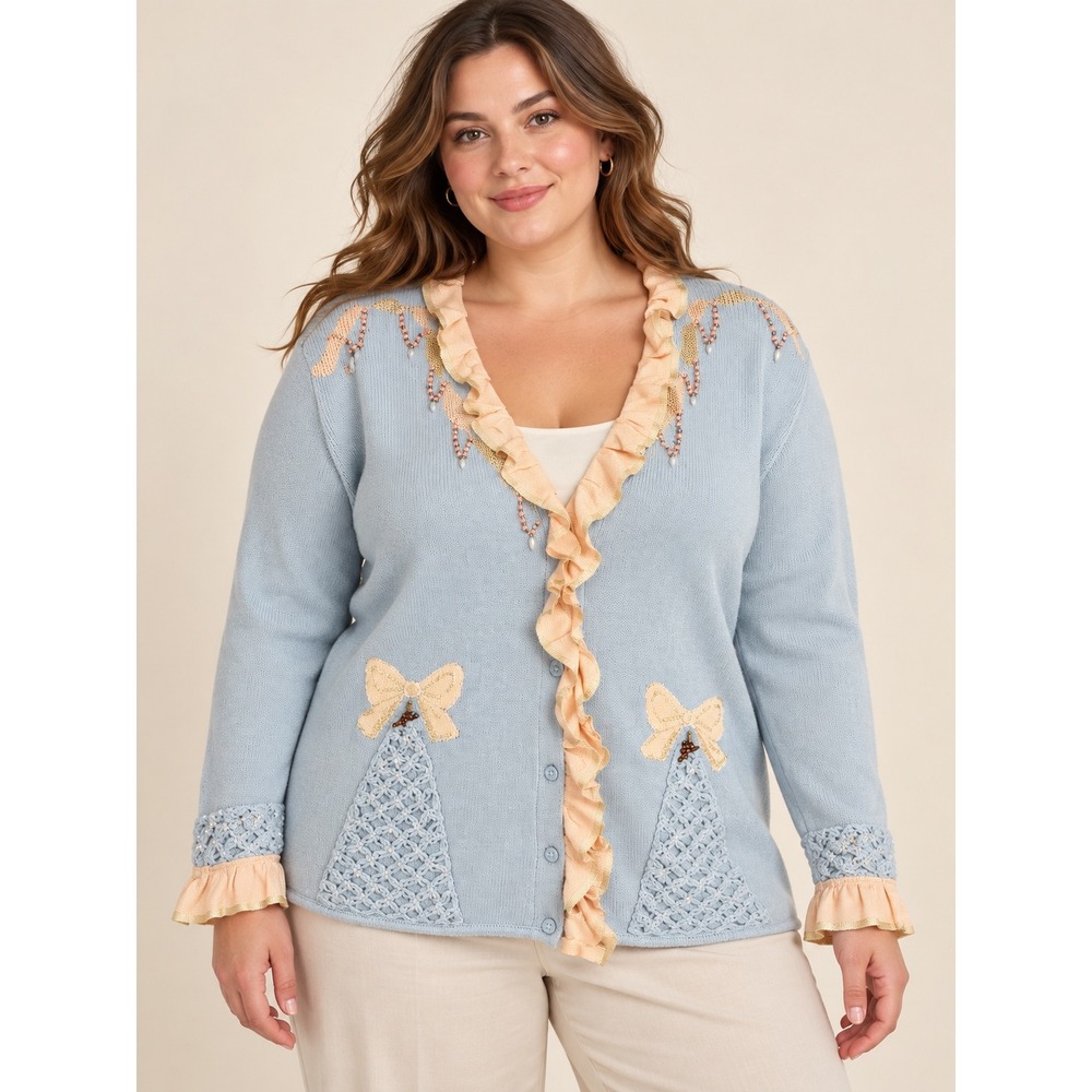Storybook Knits Light Blue Beaded Ruffle Bow Cardigan Sweater Womens 1X